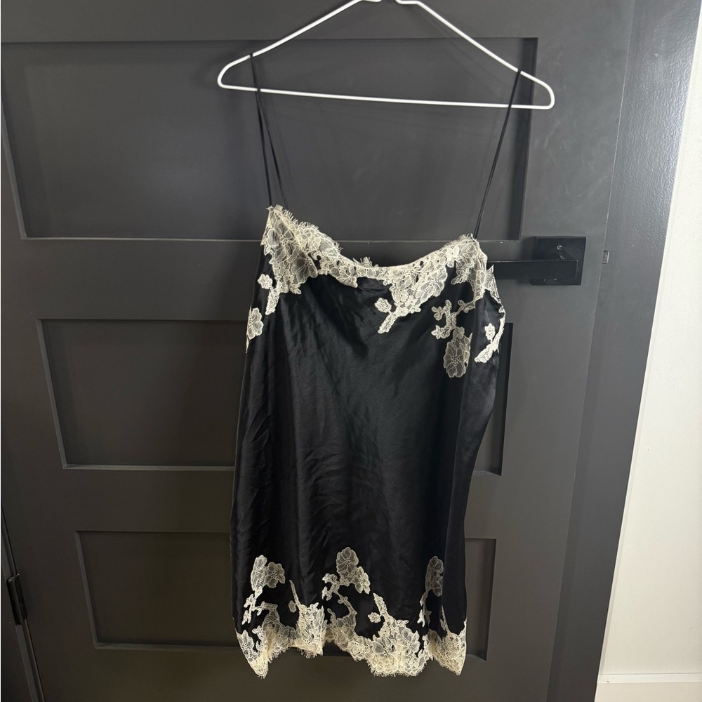 Victoria's Secret Silky Satin Black Vintage Dress Lace Appliqué Sz XL